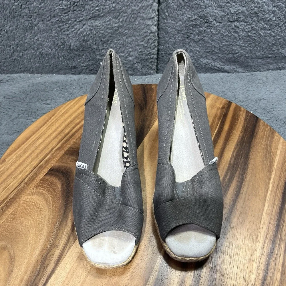 Toms Calypso Espadrille Platform Wedge Brown Canvas Peep Toe‎ Shoes Pumps Size 9